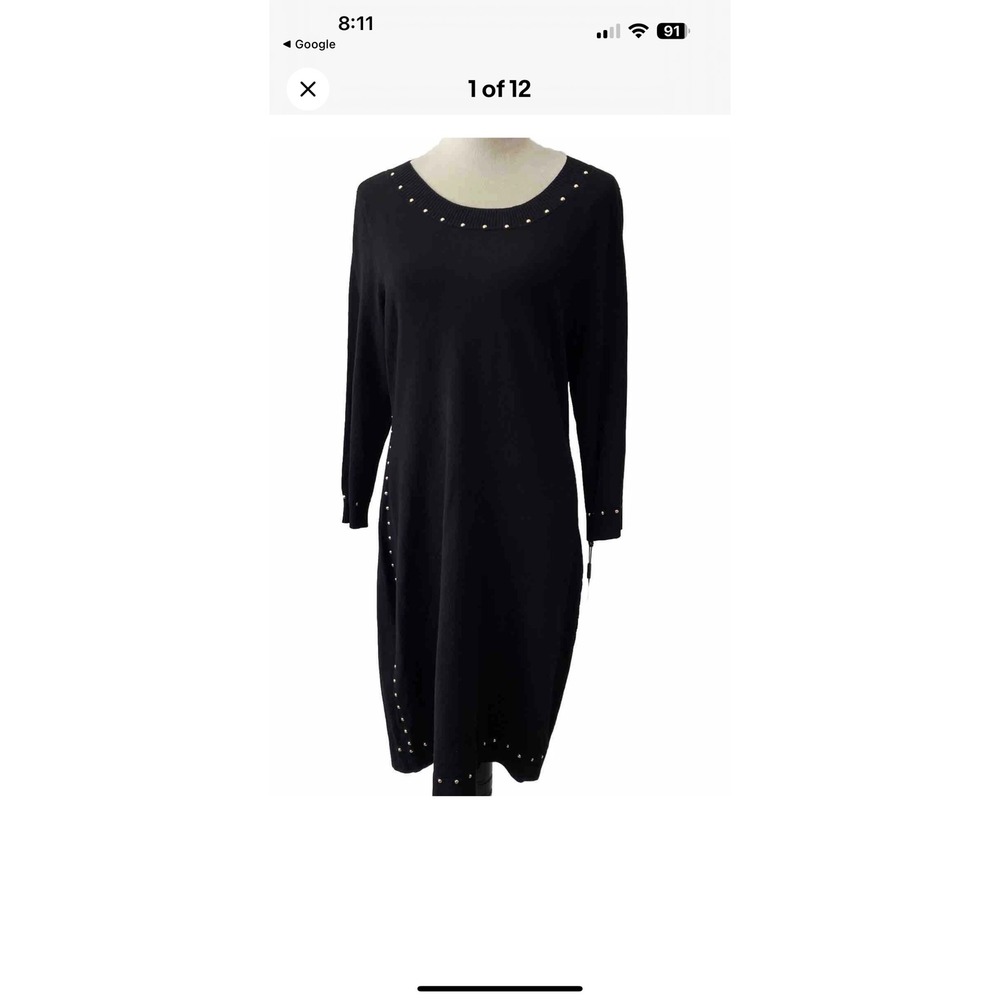 Calvin Klein Dress Gold‎ Studded Knit Long Sleeve Elegant Black Sheath M